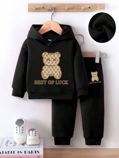طقم قطعتين (هوديUfleece وبنطلون) للأولاد الرضع مزخرف بطباعة الدبدوب، ملابس كاجوال للخريف/الشتاء