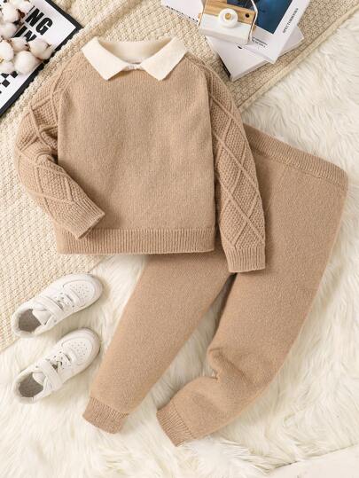 SHEIN مجموعة بولو كنزة صوفية 2 قطعة للأولاد الصغار، كاجوال، كلية، مريح، أناقة بسيطة عملية ناعمة مريحة فضفاضة مناسبة لحفلات أعياد الميلاد والأحتفالات والعروض، ملابس للأولاد الصغار مناسبة للمدرسة، العود للمدرسة، اليومية، السفر، الرياضة، الخريف والشتاء