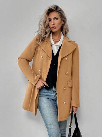 SHEIN LUNE معطف خارجي نسائي كاجوال أحادي اللون بسيط بقصة زر مزدوج وياقة مسطحة ، للخريف