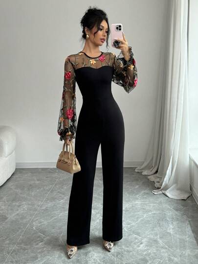 Selianne جمبسوت نسائية أنيقة مطرزة بالزهور على شكل قفص طيور مع أكمام على شكل فانوس