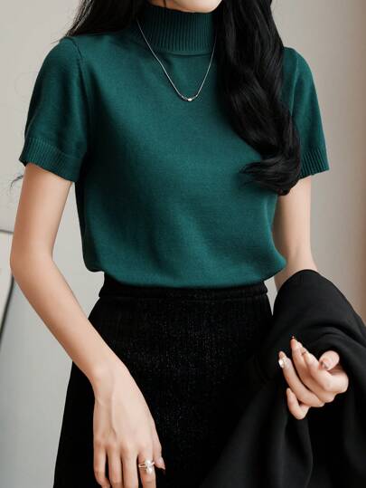 EMERY ROSE ملابس علوية محبوك بياقة عالية سليم فيت 1 قطعة للنساء, أنيق بلون أحادي, أكمام قصيرة، موسم الخريف