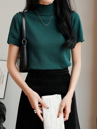 EMERY ROSE ملابس علوية محبوك بياقة عالية سليم فيت 1 قطعة للنساء, أنيق بلون أحادي, أكمام قصيرة، موسم الخريف
