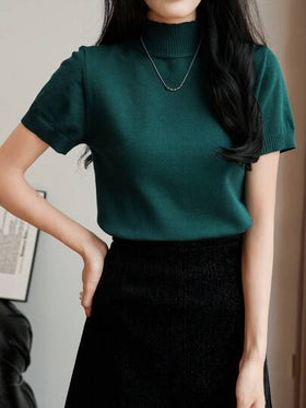 EMERY ROSE ملابس علوية محبوك بياقة عالية سليم فيت 1 قطعة للنساء, أنيق بلون أحادي, أكمام قصيرة، موسم الخريف