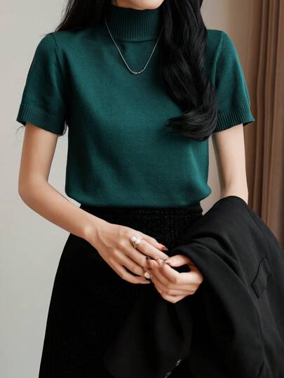 EMERY ROSE ملابس علوية محبوك بياقة عالية سليم فيت 1 قطعة للنساء, أنيق بلون أحادي, أكمام قصيرة، موسم الخريف