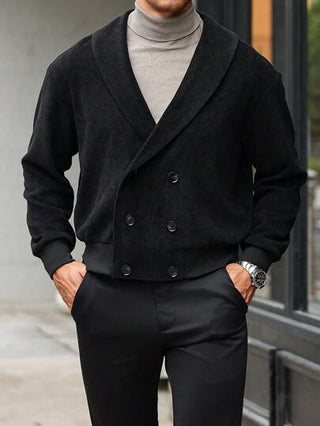 Manfinity Bizformal جاكيت رجالية ذات صدر مزدوج الحواف وياقة شال للموسم الانتقالي، كم طويل لون أسود، تناسب الخريف والشتاء، جاكيت خفيف للخروج، مناسبة للأصدقاء والزوج والحبيب هدايا