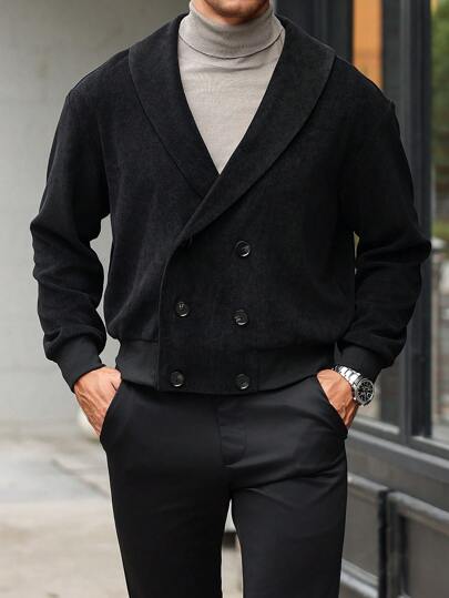Manfinity Bizformal جاكيت رجالية ذات صدر مزدوج الحواف وياقة شال للموسم الانتقالي، كم طويل لون أسود، تناسب الخريف والشتاء، جاكيت خفيف للخروج، مناسبة للأصدقاء والزوج والحبيب هدايا