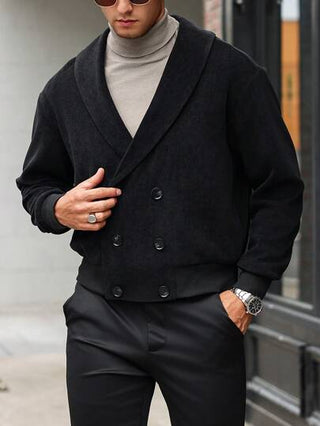 Manfinity Bizformal جاكيت رجالية ذات صدر مزدوج الحواف وياقة شال للموسم الانتقالي، كم طويل لون أسود، تناسب الخريف والشتاء، جاكيت خفيف للخروج، مناسبة للأصدقاء والزوج والحبيب هدايا