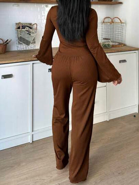 SHEIN طقم ملابس منزلية مكون من ملابس علوية بأكمام واسعة وبنطال، لون أحادي، ملابس مريحة للخريف والشتاء