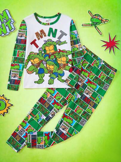 TEENAGE MUTANT NINJA TURTLES | SHEIN بيجامة مجموعة للأولاد المراهقين تتكون من بنطلون مريح مطاطي وتي شيرت كاجوال بأكمام طويلة بطباعة رسوم كرتونية خضراء، مناسب للاستخدام في عيد الميلاد