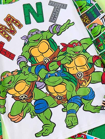 TEENAGE MUTANT NINJA TURTLES | SHEIN بيجامة مجموعة للأولاد المراهقين تتكون من بنطلون مريح مطاطي وتي شيرت كاجوال بأكمام طويلة بطباعة رسوم كرتونية خضراء، مناسب للاستخدام في عيد الميلاد