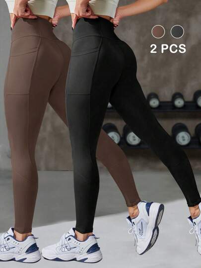 Powerista 2 قطعة سروال رياضي للنساء بخصر عالي بلون أحادي مع جيوب وتصميم لاصق، طقم سراويل رياضية للنساء لممارسة اليوغا