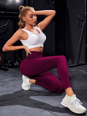 SHEIN Core Rhythm سروال ضيق للنساء بخصر عالي ولون أحادي بدون غرز للياقة البدنية اليومية، بنطلون اليوغا لعيد رأس السنة الصيني