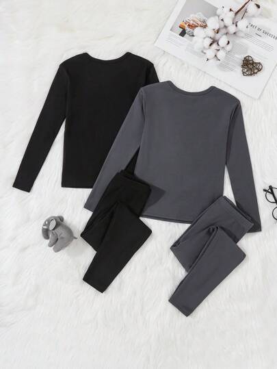 SHEIN مجموعة ملابس داخلية حرارية ناعمة وراحة من 4 قطع: بنطلون وتيشرت كم طويل رقبة طاقم بطباعة حرف ملونة بالأسود والرمادي للصبي المراهق