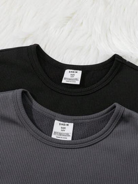 SHEIN مجموعة ملابس داخلية حرارية ناعمة وراحة من 4 قطع: بنطلون وتيشرت كم طويل رقبة طاقم بطباعة حرف ملونة بالأسود والرمادي للصبي المراهق