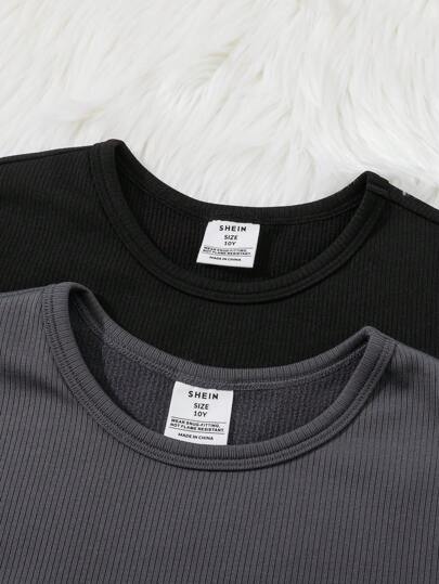 SHEIN مجموعة ملابس داخلية حرارية ناعمة وراحة من 4 قطع: بنطلون وتيشرت كم طويل رقبة طاقم بطباعة حرف ملونة بالأسود والرمادي للصبي المراهق