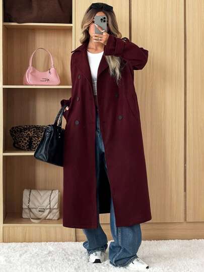 SHEIN EZwear معطف نسائي غير رسمي من لون أحمر داكن من ماركة أنكورا، طقم ياقة، أزرار مزدوجة الصدر لفصلي الخريف و الشتاء