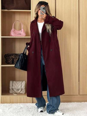 SHEIN EZwear معطف نسائي غير رسمي من لون أحمر داكن من ماركة أنكورا، طقم ياقة، أزرار مزدوجة الصدر لفصلي الخريف و الشتاء