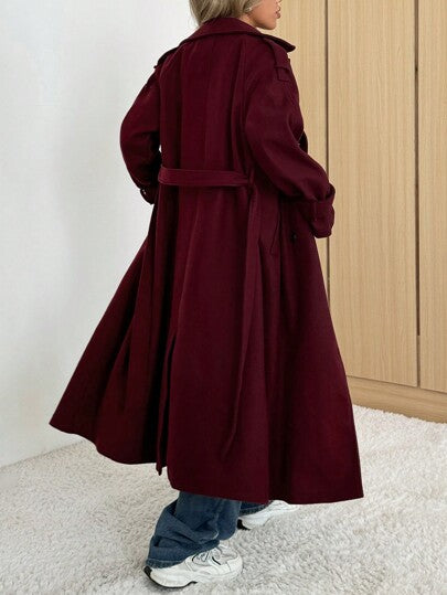 SHEIN EZwear معطف نسائي غير رسمي من لون أحمر داكن من ماركة أنكورا، طقم ياقة، أزرار مزدوجة الصدر لفصلي الخريف و الشتاء