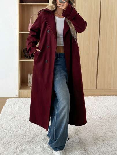 SHEIN EZwear معطف نسائي غير رسمي من لون أحمر داكن من ماركة أنكورا، طقم ياقة، أزرار مزدوجة الصدر لفصلي الخريف و الشتاء