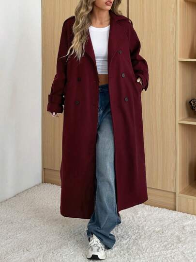 SHEIN EZwear معطف نسائي غير رسمي من لون أحمر داكن من ماركة أنكورا، طقم ياقة، أزرار مزدوجة الصدر لفصلي الخريف و الشتاء