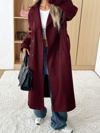 SHEIN EZwear معطف نسائي غير رسمي من لون أحمر داكن من ماركة أنكورا، طقم ياقة، أزرار مزدوجة الصدر لفصلي الخريف و الشتاء
