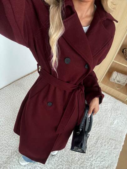SHEIN EZwear معطف نسائي غير رسمي من لون أحمر داكن من ماركة أنكورا، طقم ياقة، أزرار مزدوجة الصدر لفصلي الخريف و الشتاء