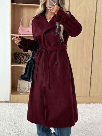 SHEIN EZwear معطف نسائي غير رسمي من لون أحمر داكن من ماركة أنكورا، طقم ياقة، أزرار مزدوجة الصدر لفصلي الخريف و الشتاء