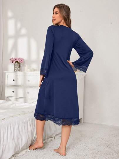 SHEIN فستان نوم نسائي كاجوال مزين بالدانتيل والفيونكة، أكمام واسعة، مريح وأنيق، للخريف والشتاء