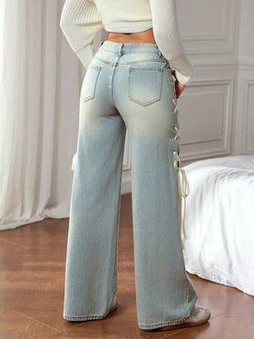 SHEIN EZwear سراويل جينز نسائية قصيرة بقصة واسعة للساق، بخصر ربط جانبي
