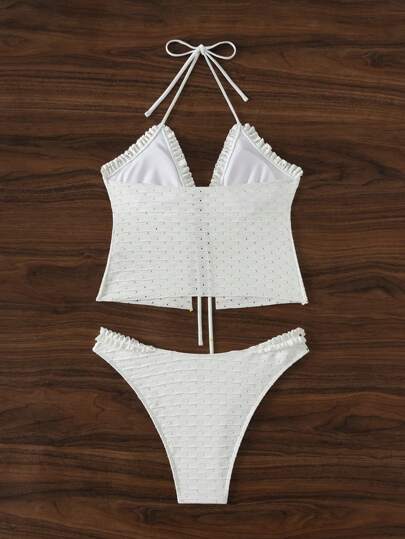 طقم تانكيني حريمي Swim Mod مجموعة ملابس سباحة نسائية بتصميم هولو مطرز بكشكشة، توب كامي، للصيف والشاطئ