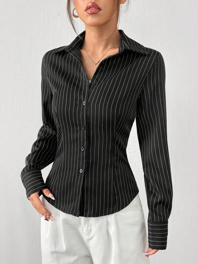 EZwear قميص قطني بأكمام طويلة مخطط باللونين الأبيض والأسود للنساء للاستخدام اليومي والتنقل في فصل الخريف