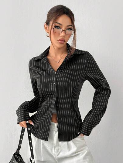 EZwear قميص قطني بأكمام طويلة مخطط باللونين الأبيض والأسود للنساء للاستخدام اليومي والتنقل في فصل الخريف