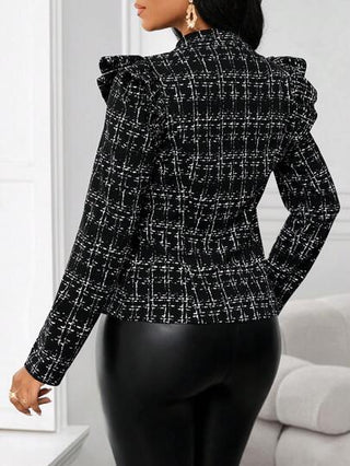 Lady جاكيت سحاب ذات طبعة مربعات كلاسيكية سوداء وبيضاء بياقة، مع تهدب للنساء، جاكيت سحاب للنساء، ملابس عصرية, ملابس معلمة, ملابس خريف