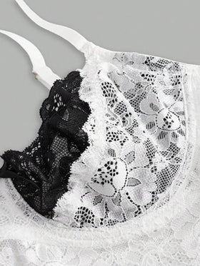 SHEIN ICON بكأس الدانتيل المزدوج الطبقات مع زخرفة الفيونكة ملابس داخلية جذابة