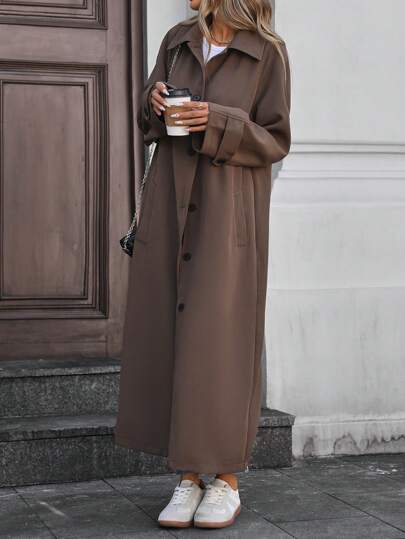 SHEIN LUNE معطف كاجوال وأنيق طويل ذو أزرار للنساء لارتداء في الخريف والشتاء