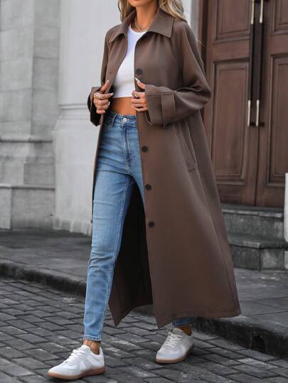 SHEIN LUNE معطف كاجوال وأنيق طويل ذو أزرار للنساء لارتداء في الخريف والشتاء