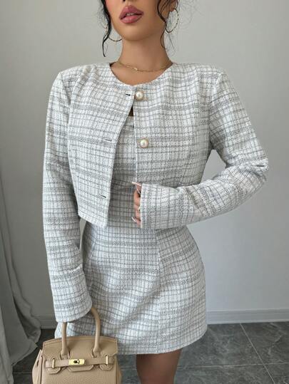 SHEIN PETITE طقم فستان قصير للحفلات العيد الميلاد وجاكيت أنيق للسيدات
