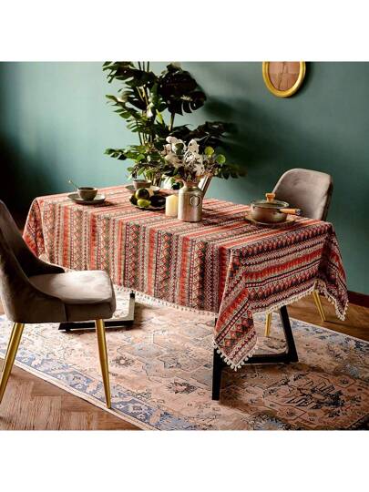 قطعة واحدة منديل المائدة مستطيل فضفاض مطرز بشراريب بوهيمية من الكتان الغير منتطر، تصميم بوهيمي للزينة على مناسب للمطبخ والمائدة