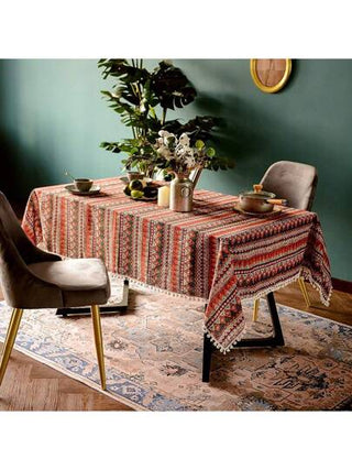 قطعة واحدة منديل المائدة مستطيل فضفاض مطرز بشراريب بوهيمية من الكتان الغير منتطر، تصميم بوهيمي للزينة على مناسب للمطبخ والمائدة