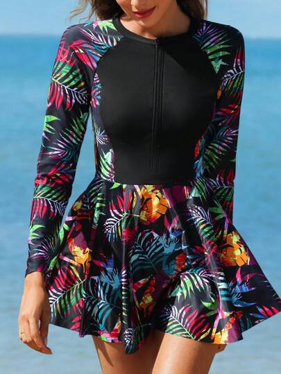 طقم تانكيني حريمي Swim Lushoire مجموعة ملابس سباحة طبعة استوائية مع بنطلون قصير ، مجموعة سباحة تنكري مغلق مع سحاب ، صيف شاطئي