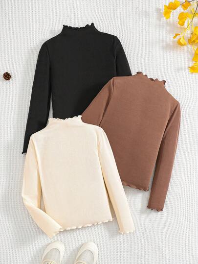 SHEIN مجموعة 3 قطع للفتيات المراهقات: تي شيرت رقبة مزيفة بخطوط مضلعة بلون واحد، تي شيرت بطبعة قلب وفهد