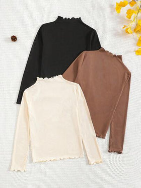 SHEIN مجموعة 3 قطع للفتيات المراهقات: تي شيرت رقبة مزيفة بخطوط مضلعة بلون واحد، تي شيرت بطبعة قلب وفهد