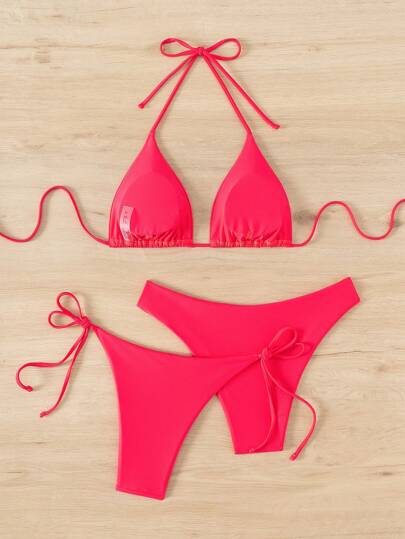 Swim Basics مجموعة بحرية صيفية 2025 من 3 قطع للمرأة: توب محصور منكشف الظهر بربطة على الرقبة + بكيني سفلي بربطات مثلثية هرسية اللون