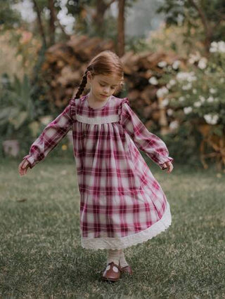 فستان أطفال Vintaside Kids فستان كم طويل بتصميم رقعة الدانتيل والكشكشة بطباعة المربعات للفتاة الصغيرة