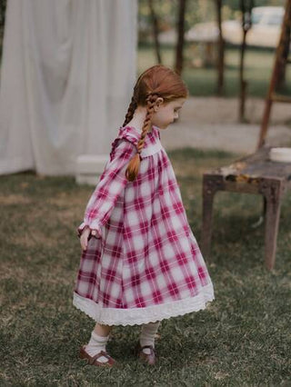 فستان أطفال Vintaside Kids فستان كم طويل بتصميم رقعة الدانتيل والكشكشة بطباعة المربعات للفتاة الصغيرة
