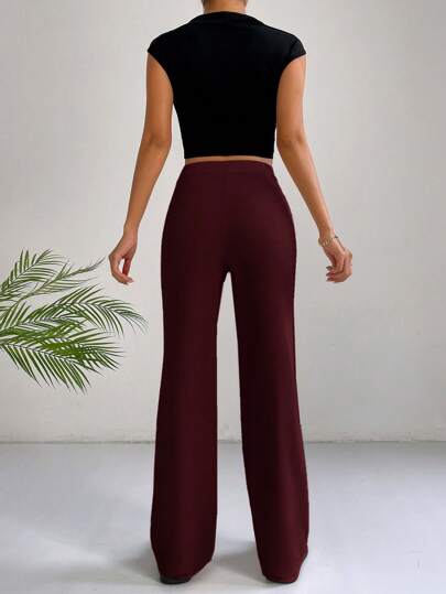 EZwear سروال أسود بخصر عالٍ وتفاصيل خياطة