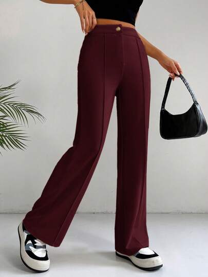 EZwear سروال أسود بخصر عالٍ وتفاصيل خياطة