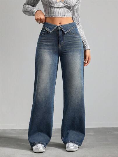 SHEIN Tall CURVE بنطلون نسائي بخصر واسع وساق مستقيمة من الجينز الأزرق، مناسب للصيف والعطلات والربيع والعمل والخروج والمهرجانات والمطار، مناسب للنساء ذوات الأحجام الكبيرة