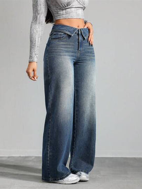 SHEIN Tall CURVE بنطلون نسائي بخصر واسع وساق مستقيمة من الجينز الأزرق، مناسب للصيف والعطلات والربيع والعمل والخروج والمهرجانات والمطار، مناسب للنساء ذوات الأحجام الكبيرة