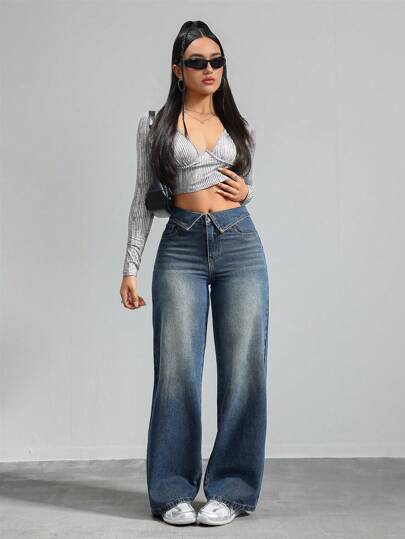 SHEIN Tall جينز النساء ذو البناطيل المستقيمة والمطاطة الرسمية باللون الأزرق، جينز منفرج للنساء الطويلات، بناطيل مقاس منخفض للنساء